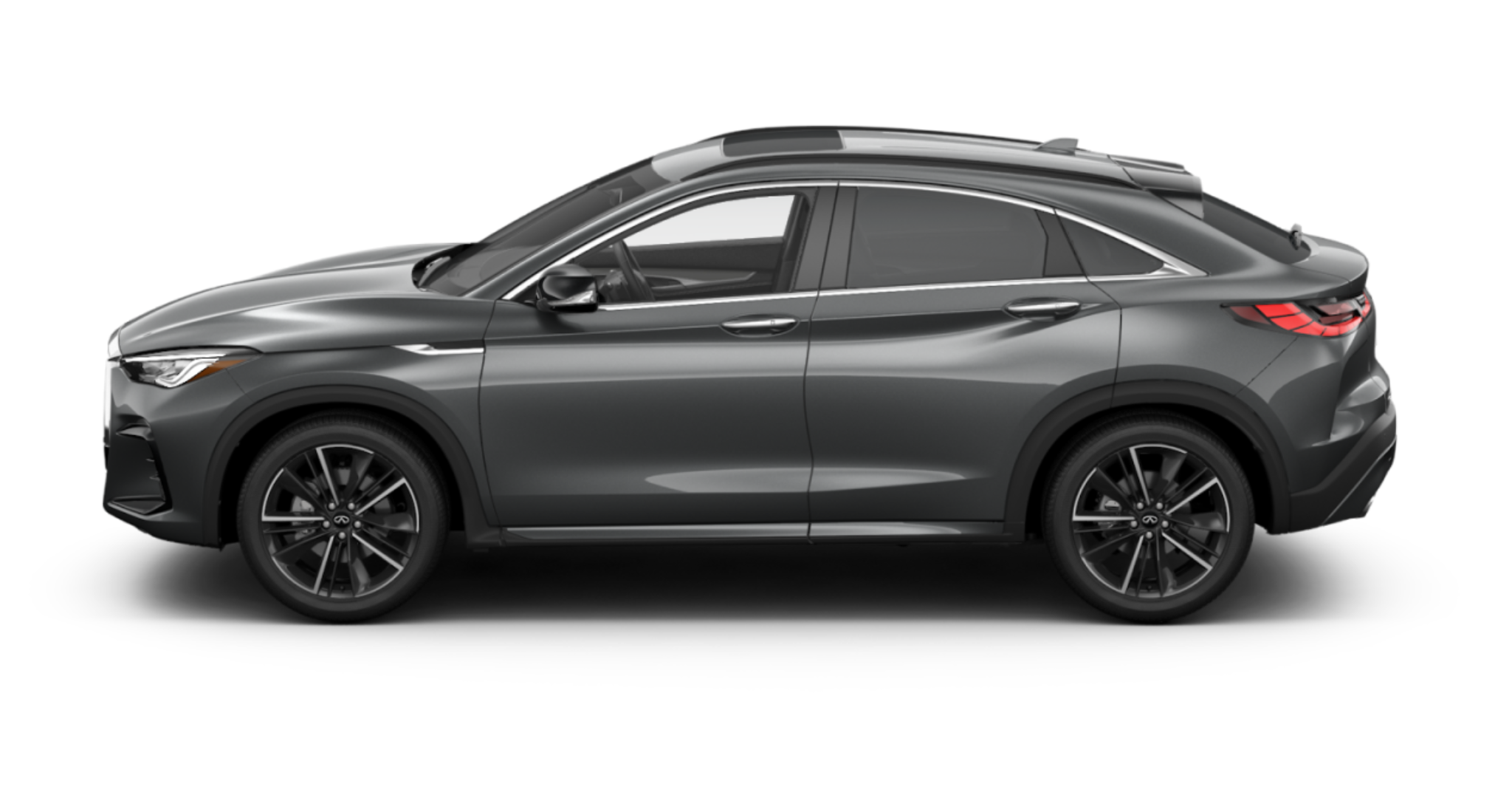 Side profile of the 2025 Infiniti QX55 LUXE AWD emphasizing its aerodynamic coupe silhouette, stylish alloy wheels, and premium exterior styling.