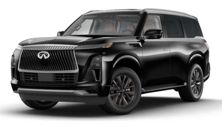 Front view of the 2025 Infiniti QX80 Pure 4WD luxury SUV highlighting its distinctive grille, sleek LED headlights, and commanding road presence.