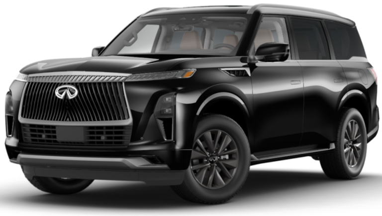 Front view of the 2025 Infiniti QX80 Pure 4WD luxury SUV highlighting its distinctive grille, sleek LED headlights, and commanding road presence.