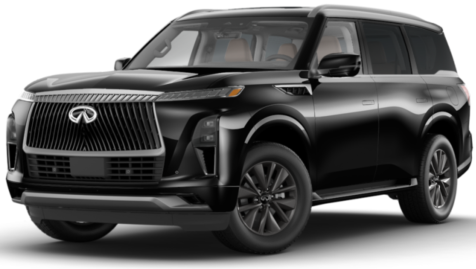 Front view of the 2025 Infiniti QX80 Pure 4WD luxury SUV highlighting its distinctive grille, sleek LED headlights, and commanding road presence.