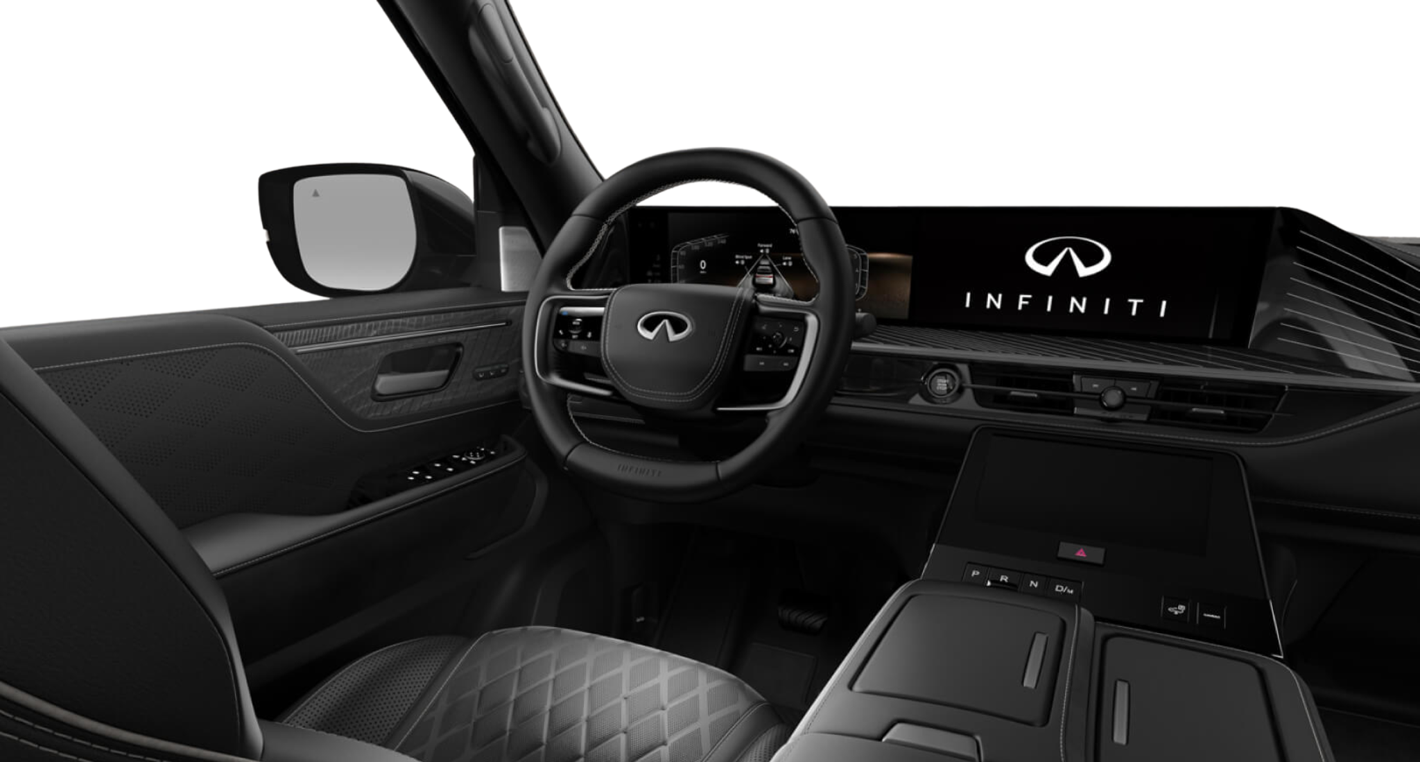 Interior view of the 2025 Infiniti QX80 Pure 4WD featuring a premium leather-wrapped steering wheel, digital driver display, and advanced Infiniti InTouch infotainment system.