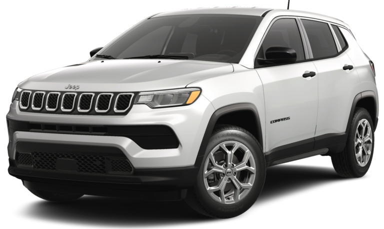 Front view of the 2025 Jeep Compass Sport AWD in white with signature seven-slot grille, LED headlights, and aerodynamic styling.