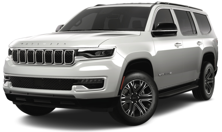 Front view of the 2025 Jeep Wagoneer 4WD in Silver Zynith, highlighting the signature grille, LED headlamps, and bold SUV design
