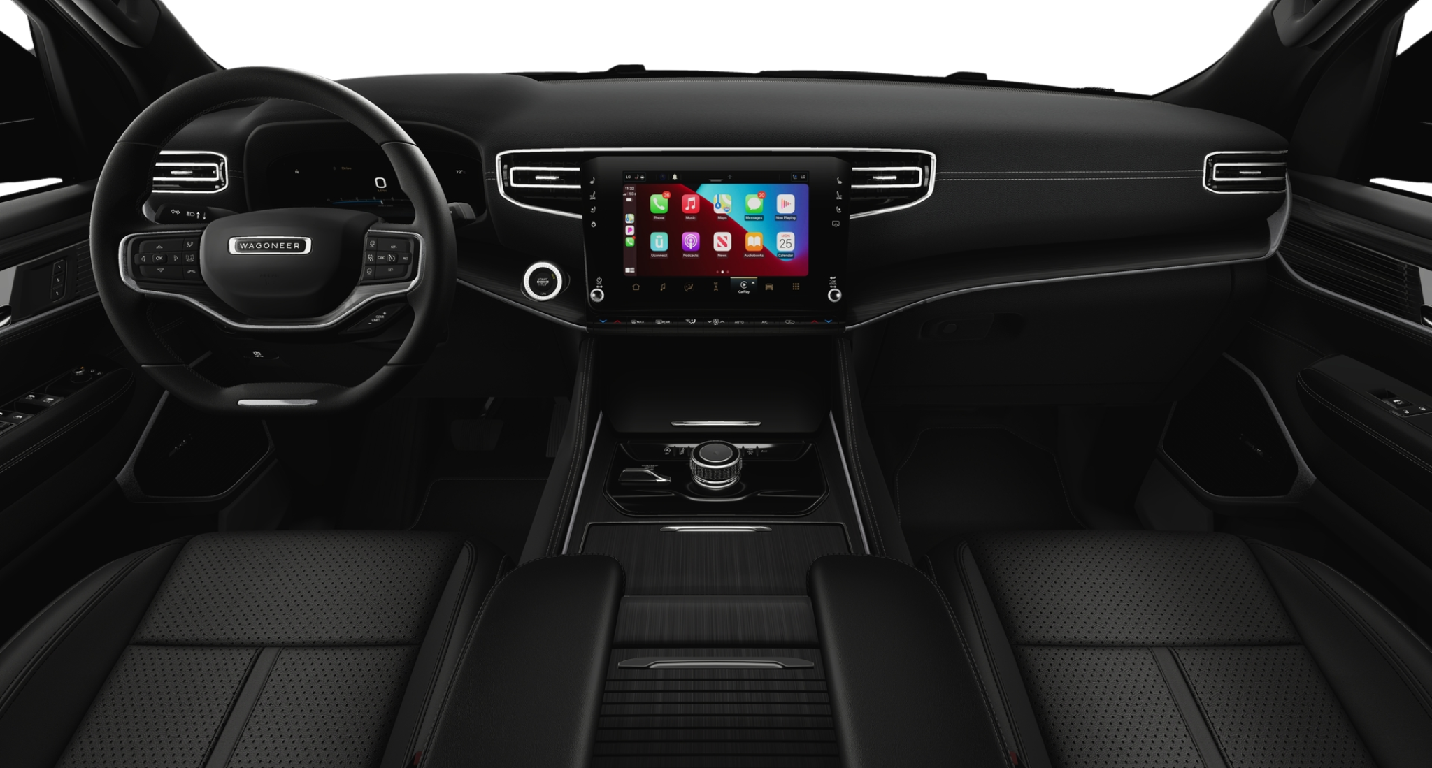 Driver cockpit and dashboard of the 2025 Jeep Wagoneer featuring a 10.1-inch Uconnect touchscreen, digital cluster, and luxury interior finishes