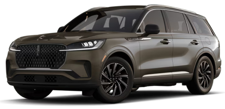 Front angle of the 2025 Lincoln Aviator Premiere AWD emphasizing the signature Lincoln grille, LED headlights, and aerodynamic front fascia.
