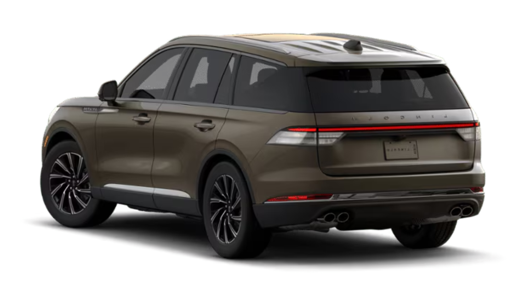 Rear three-quarter view of the 2025 Lincoln Aviator Premiere AWD featuring LED tail lamps, quad chrome exhaust tips, and a sculpted liftgate design.