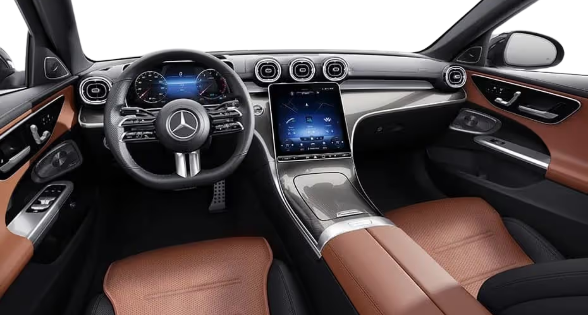 Interior cockpit of the 2025 Mercedes-Benz C 300 AWD featuring a digital instrument cluster, MBUX touchscreen, and high-end trim materials.