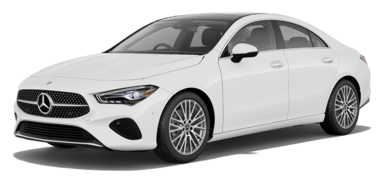 Front exterior of the 2025 Mercedes-Benz CLA 250 Coupe displaying distinctive Mercedes-Benz grille and LED headlights.