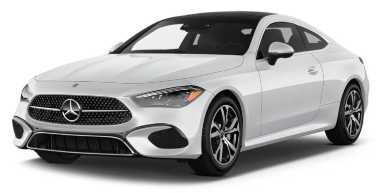 Front angle view of the sleek and elegant 2025 Mercedes-Benz CLE 300 Coupe featuring signature LED headlights and modern grille.