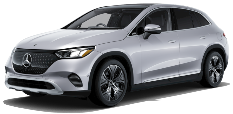 Front view of the 2025 Mercedes-Benz EQE 350 4MATIC SUV in silver, showcasing the illuminated grille, sleek headlights, and aerodynamic design.