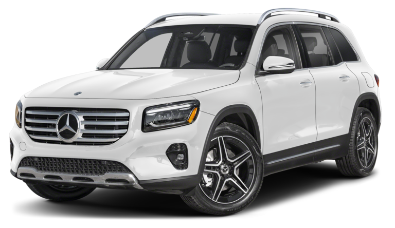 Front view of the 2025 Mercedes-Benz GLB 250 4MATIC AWD in Polar White with LED headlamps, chrome grille, and 18-inch wheels.