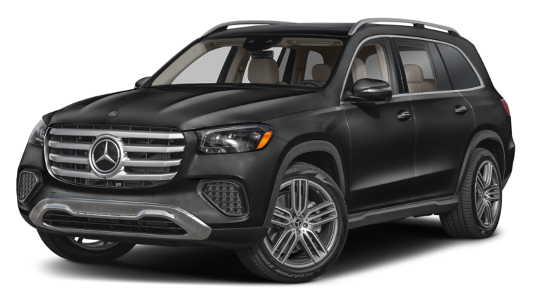 2025 Mercedes-Benz GLS 450 front angle featuring bold grille, LED headlights, and AMG-styled front bumper on a black SUV