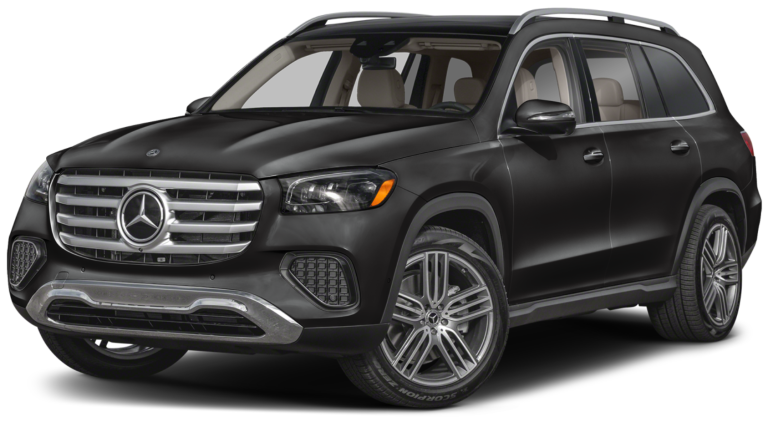 2025 Mercedes-Benz GLS 450 front angle featuring bold grille, LED headlights, and AMG-styled front bumper on a black SUV
