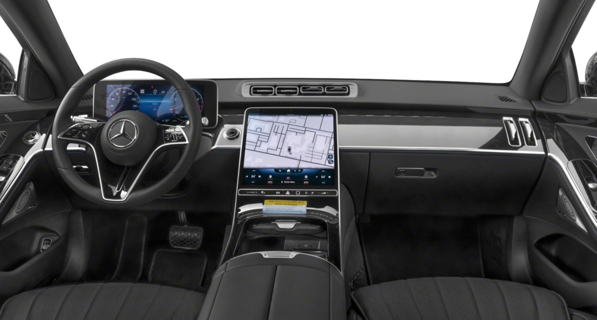Cockpit view of the 2025 Mercedes-Benz S Class AWD interior with a digital instrument cluster, OLED touchscreen, and luxury detailing.