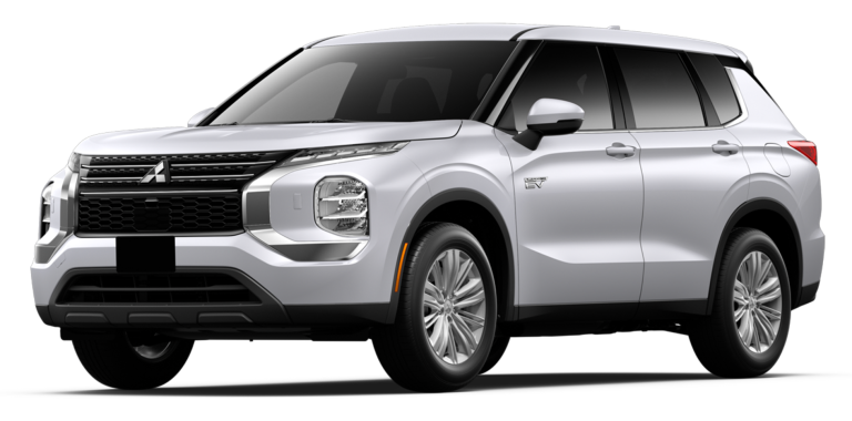 Front view of the 2025 Mitsubishi Outlander PHEV ES AWD displaying the bold grille, LED headlights, and modern SUV design.