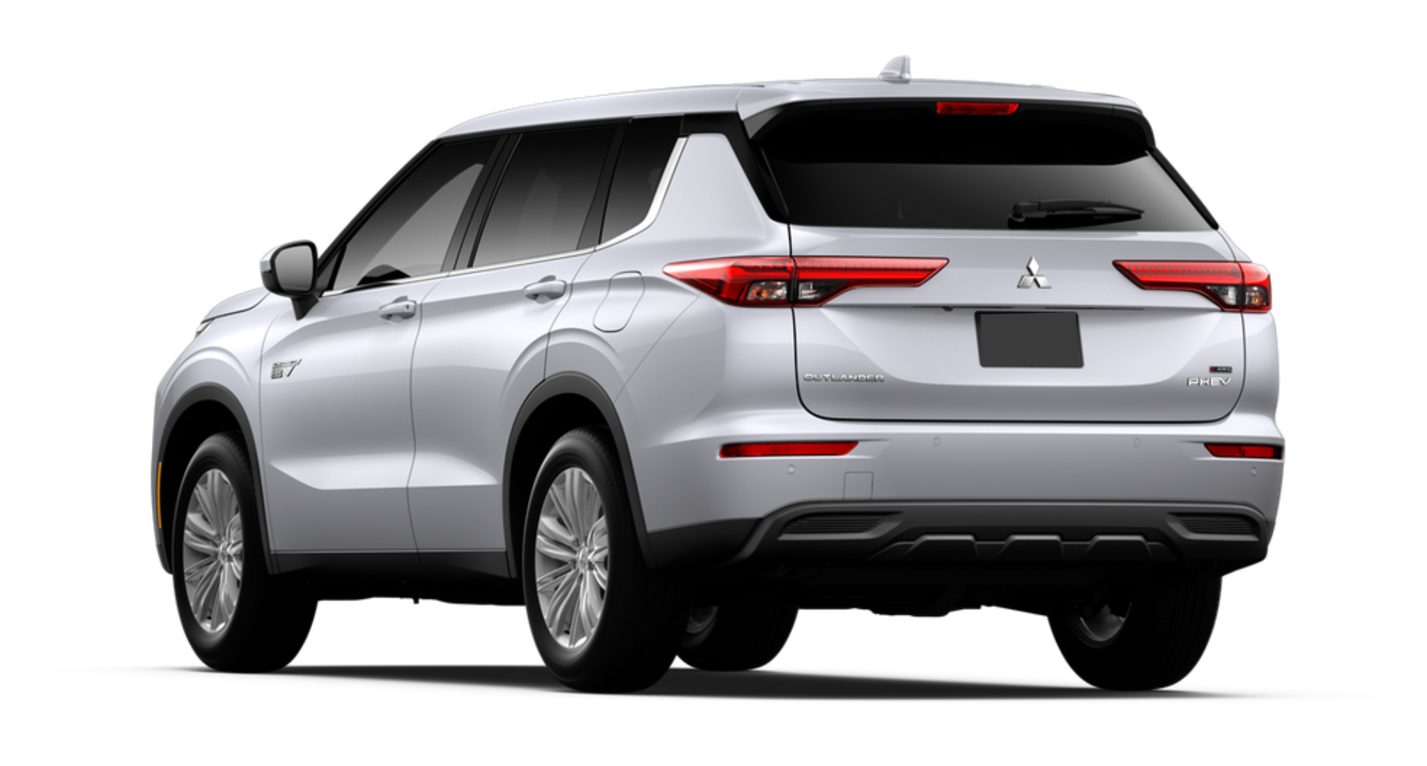 Rear exterior view of the 2025 Mitsubishi Outlander PHEV ES AWD showcasing LED taillights, rear spoiler, and Mitsubishi badging.