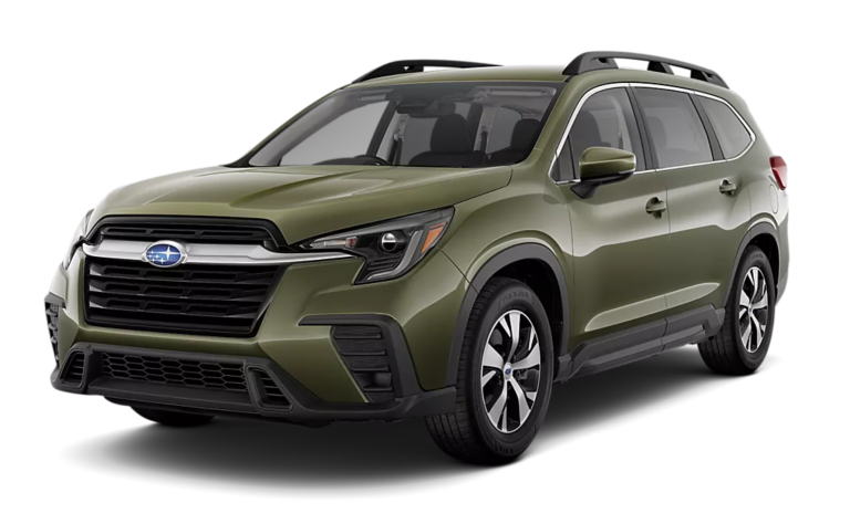 Bold front view of the 2025 Subaru Ascent Premium with LED headlights, black grille, and rugged SUV stance.
