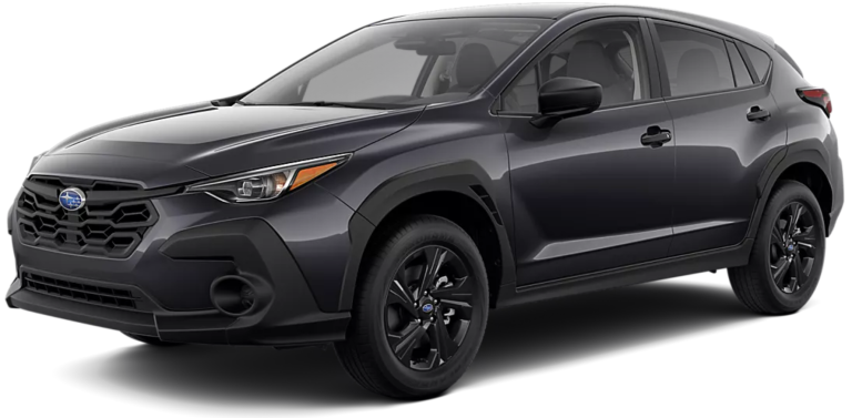 Front view of the 2025 Subaru Crosstrek Base AWD featuring a bold grille, sleek LED headlights, and rugged front bumper design.