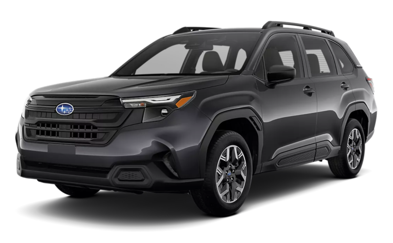 Bold front view of the 2025 Subaru Forester Base AWD with black grille, LED steering responsive headlights, and a rugged SUV stance.