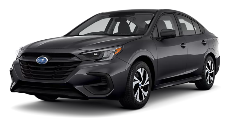 Front view of the 2025 Subaru Legacy Base AWD featuring LED headlights, black hexagonal grille, and sculpted hood design.