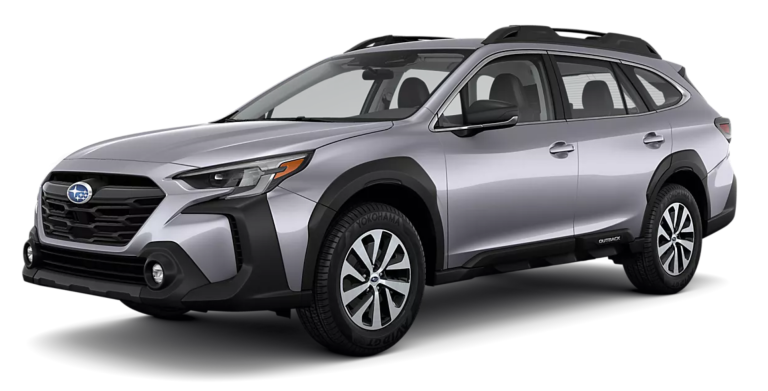 Front view of the 2025 Subaru Outback Base AWD featuring LED fog lights, black grille, and all-season tires