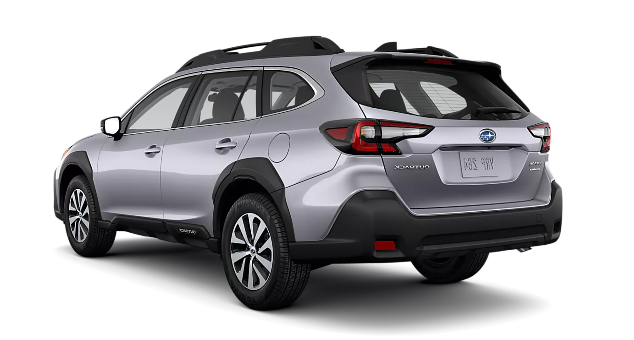 Rear view of the 2025 Subaru Outback Base AWD in Ice Silver Metallic showing roof rails, taillights, and rugged bumper design