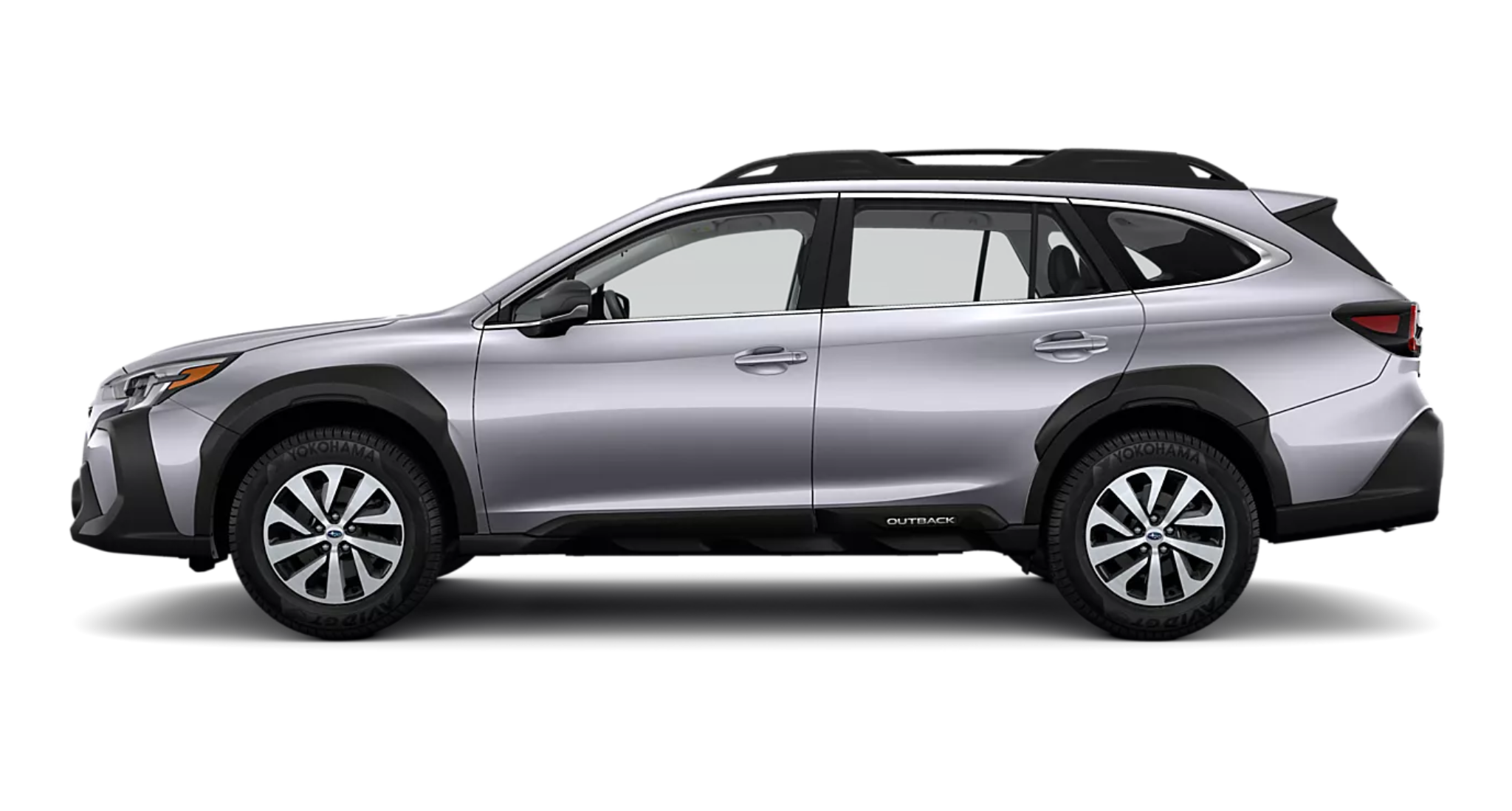 Side profile of the 2025 Subaru Outback Base AWD showcasing its raised stance, roof rails, and alloy wheels