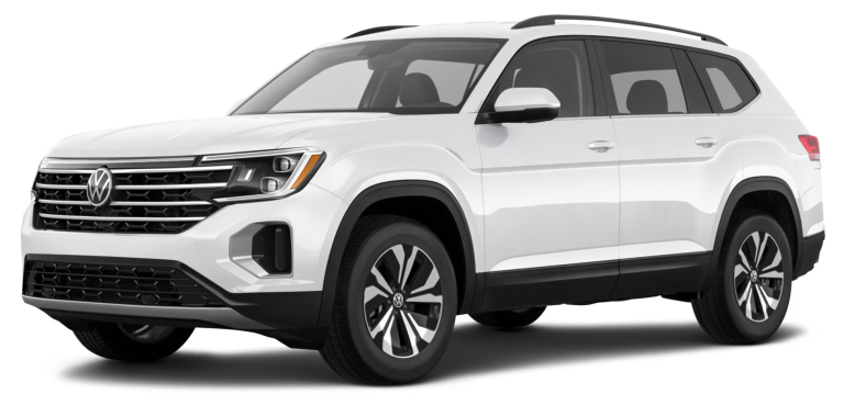 Front angle of the 2025 Volkswagen Atlas SE AWD in white, displaying signature grille, LED headlights, and rugged SUV stance.