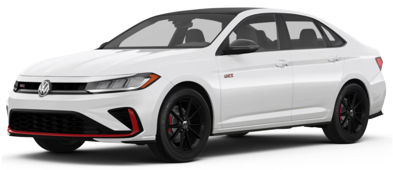 Front view of the 2025 Volkswagen Jetta GLI in white with black wheels, red accents, and aggressive front-end styling.