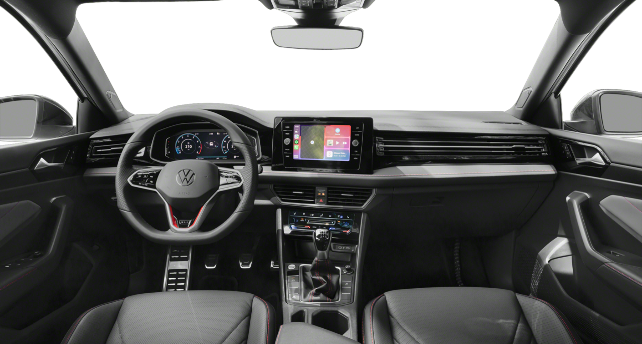 Driver-focused cockpit of the 2025 Volkswagen Jetta GLI with Digital Cockpit Pro, touchscreen infotainment, and performance steering wheel.