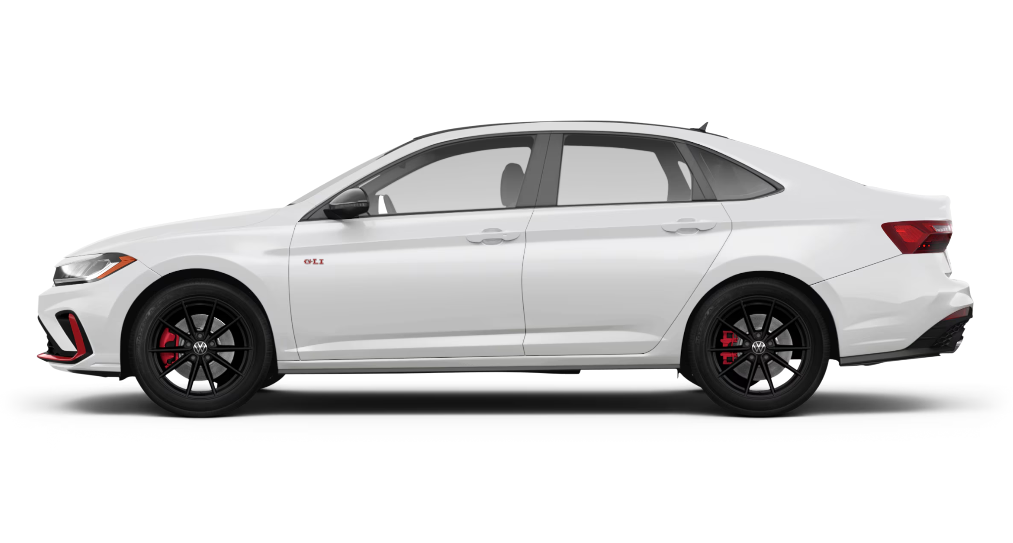 2025 Volkswagen Jetta GLI side profile showcasing aerodynamic body lines, black alloy wheels, and red brake calipers.