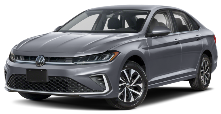 Front exterior view of the 2025 Volkswagen Jetta S FWD highlighting its bold grille, LED headlights, and aerodynamic design.