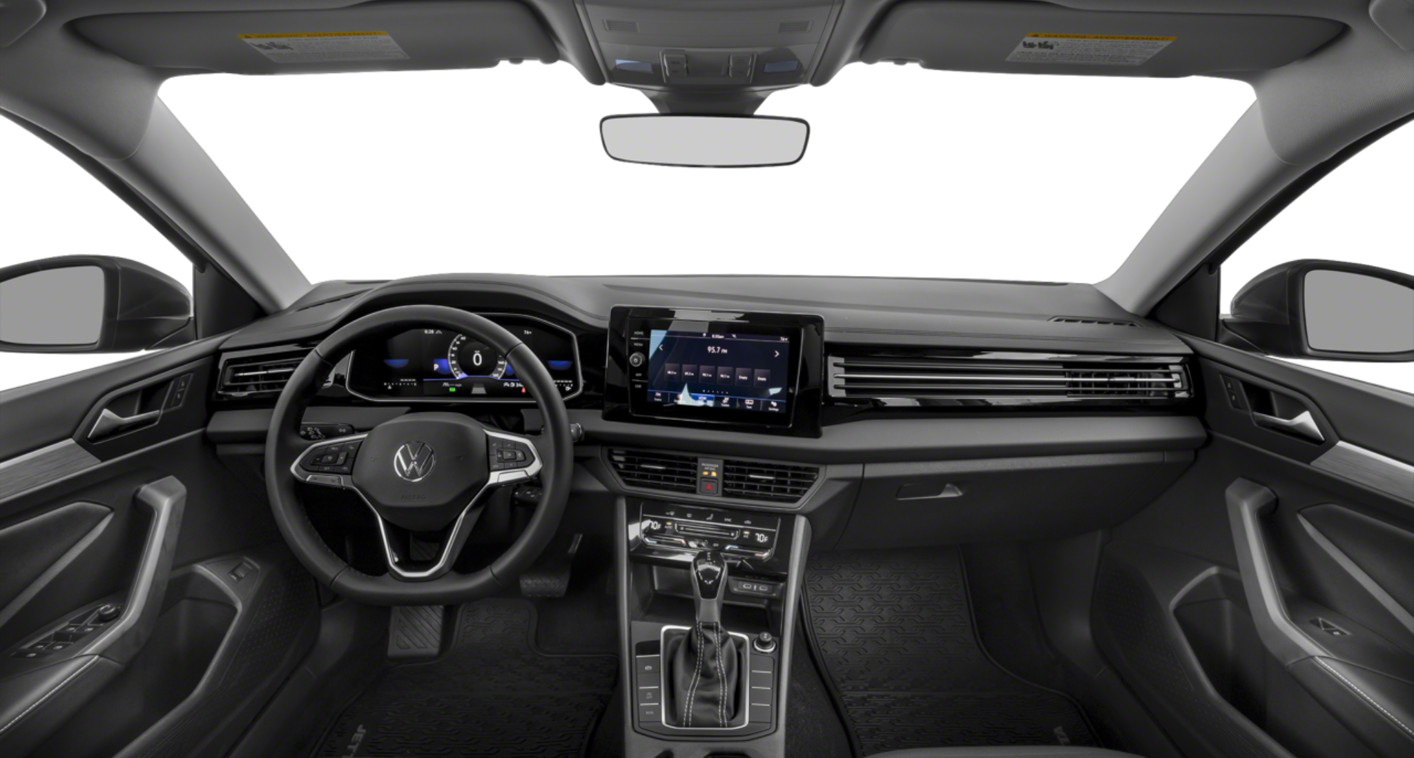 Driver-focused interior of the 2025 Volkswagen Jetta S FWD showcasing the 8-inch Digital Cockpit and touchscreen infotainment display.