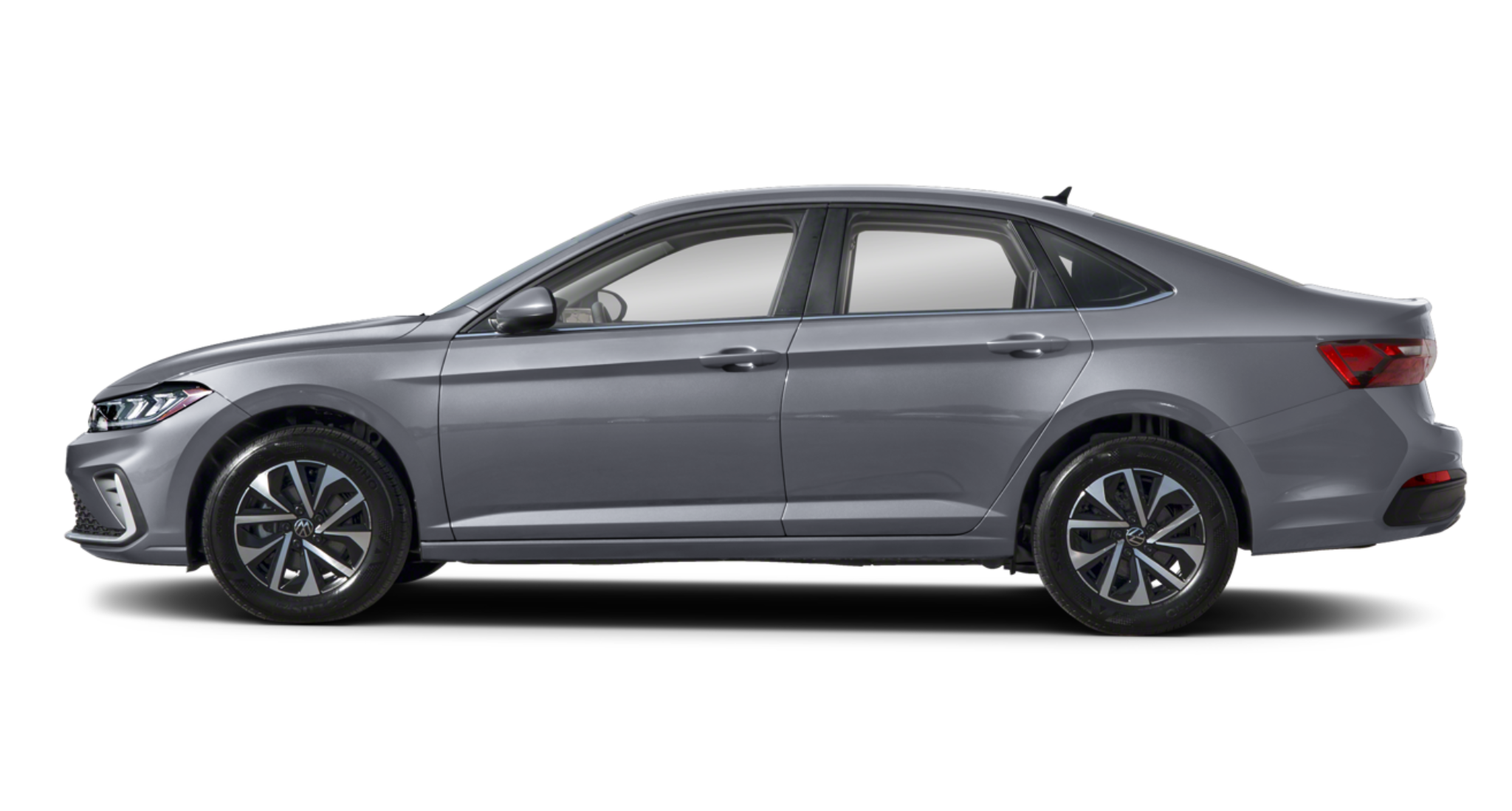 Sleek side profile of the 2025 Volkswagen Jetta S FWD showing clean lines, 16-inch alloy wheels, and a modern sedan silhouette.