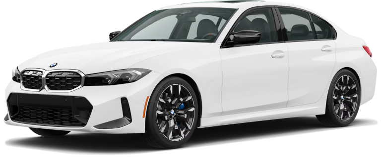 Front view of a sleek 2025 BMW m340 Deals sedan parked, showcasing luxury design and BMW lease specials appeal.