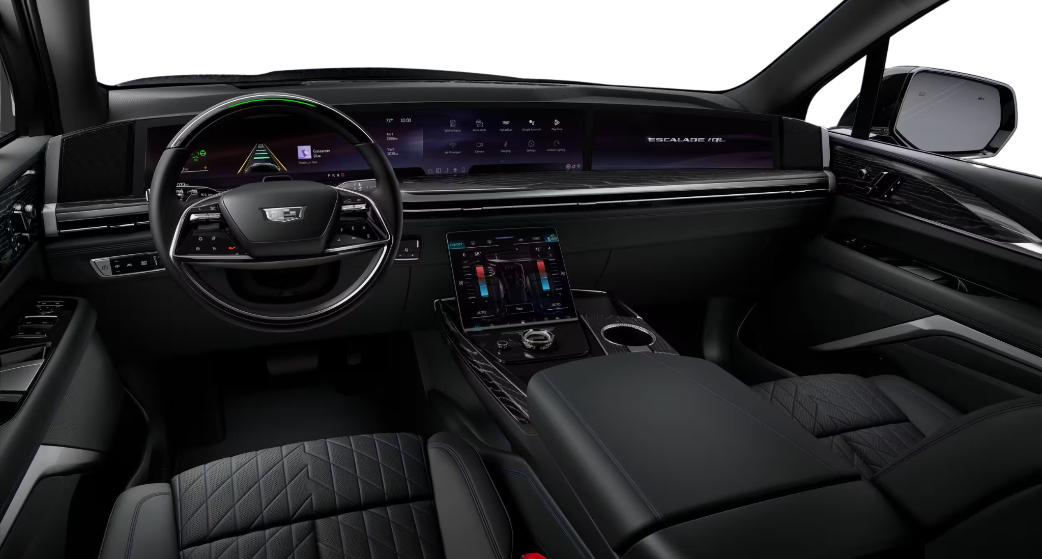 Advanced digital dashboard of the 2025 Cadillac Escalade IQL, featuring a 55-inch curved LED display, touchscreen climate control, and Super Cruise steering wheel.