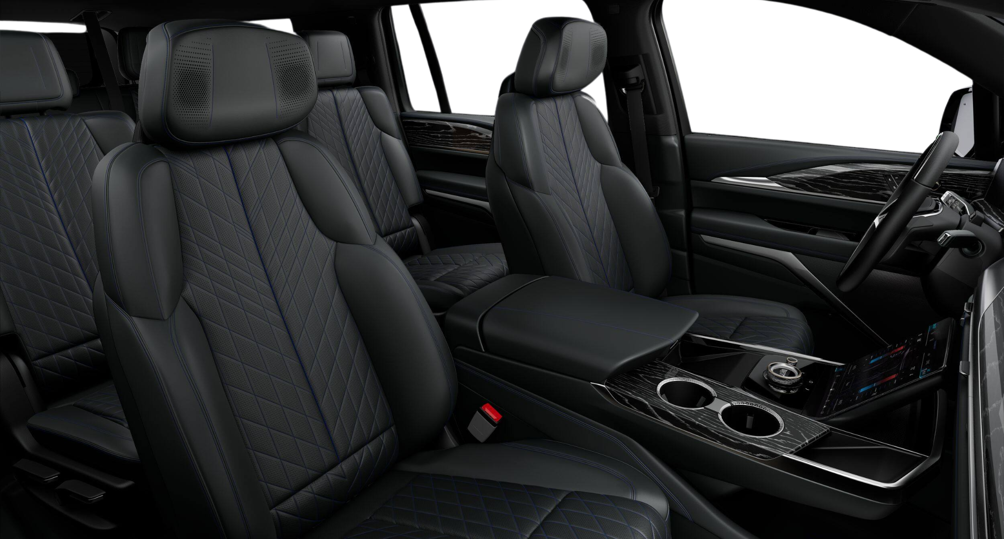 Luxury black leather seating with quilted pattern inside the 2025 Cadillac Escalade IQL, showcasing second-row captain’s chairs and modern cabin design.