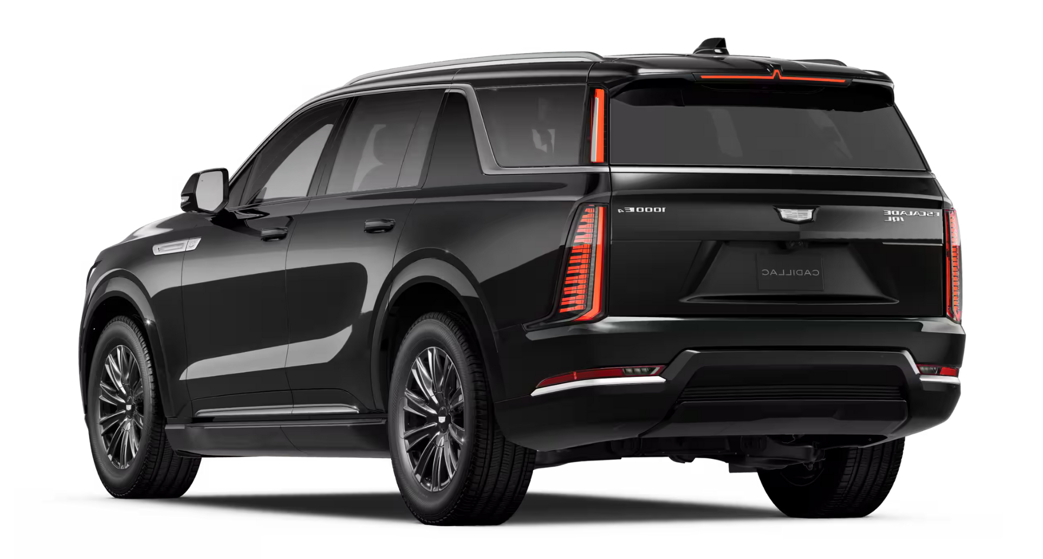 Rear view of the 2025 Cadillac Escalade IQL with vertical LED taillights, Cadillac badging, and sculpted rear bumper for a bold electric SUV presence.