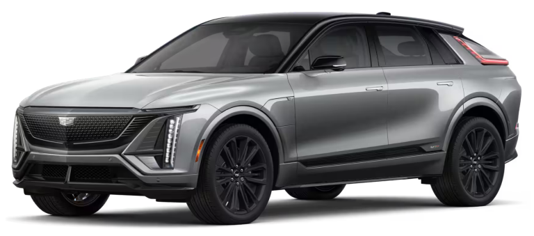 Front view of the 2025 Cadillac Lyriq-V AWD EV featuring the signature illuminated black mesh grille and vertical LED headlights.