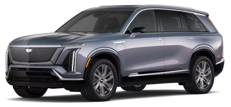 Front view of the 2026 Cadillac Vistiq Luxury EV AWD showcasing signature LED lighting, bold front grille, and aerodynamic electric SUV design.