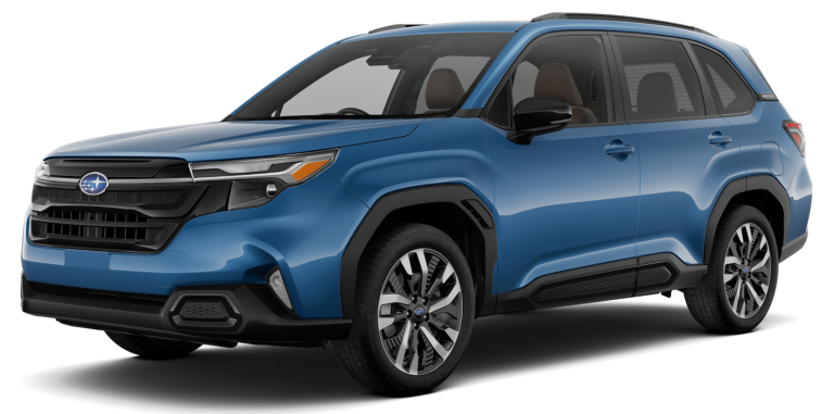 Bold front fascia of the 2025 Subaru Forester Hybrid Premium AWD with LED headlights, black grille, and rugged SUV styling