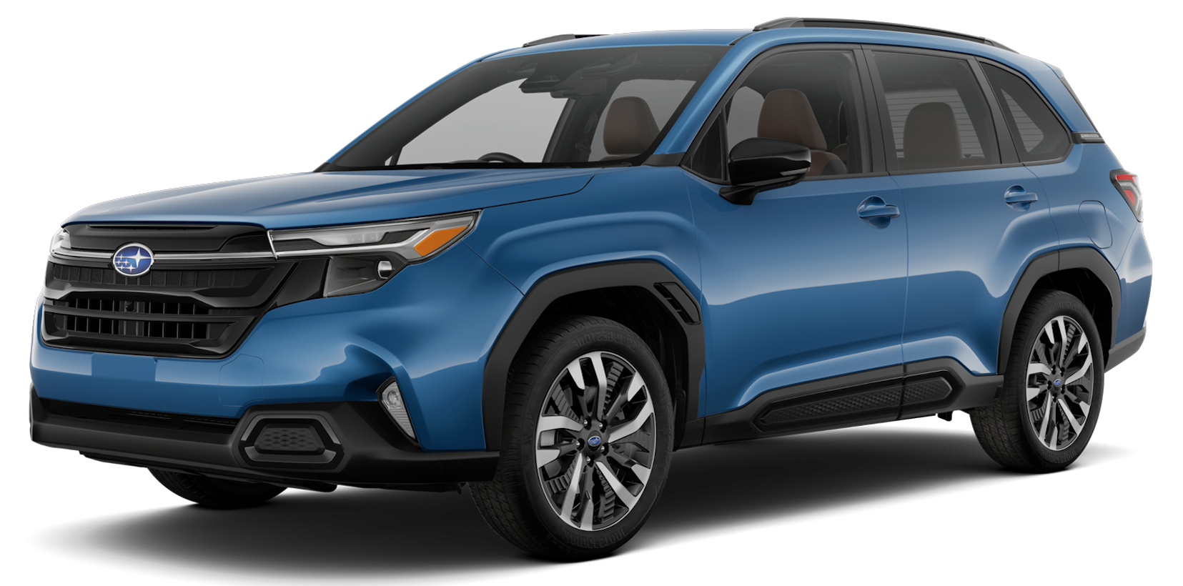 Bold front fascia of the 2025 Subaru Forester Hybrid Premium AWD with LED headlights, black grille, and rugged SUV styling