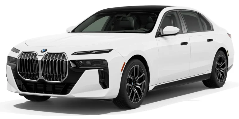 Front view of the 2025 BMW 740i lease, showcasing its sleek German luxury sedan design.