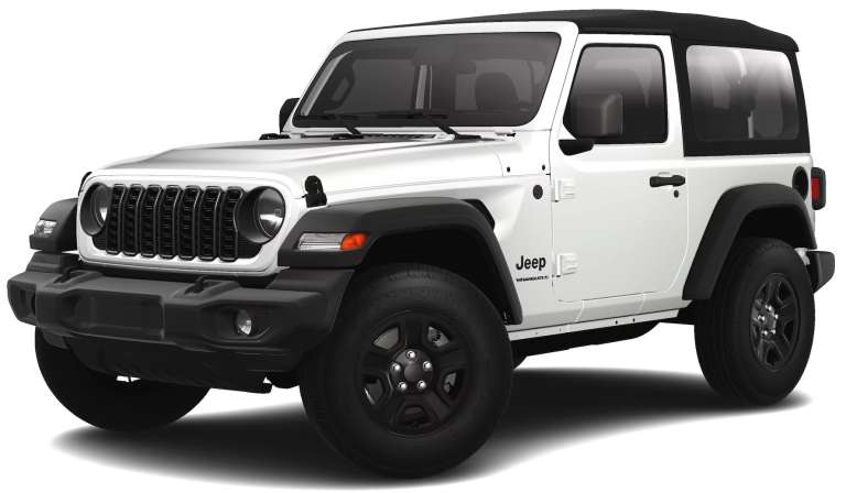 Front exterior view of the 2025 Jeep Wrangler AWD Sport highlighting the iconic seven-slot grille, round headlights, and rugged bumper.