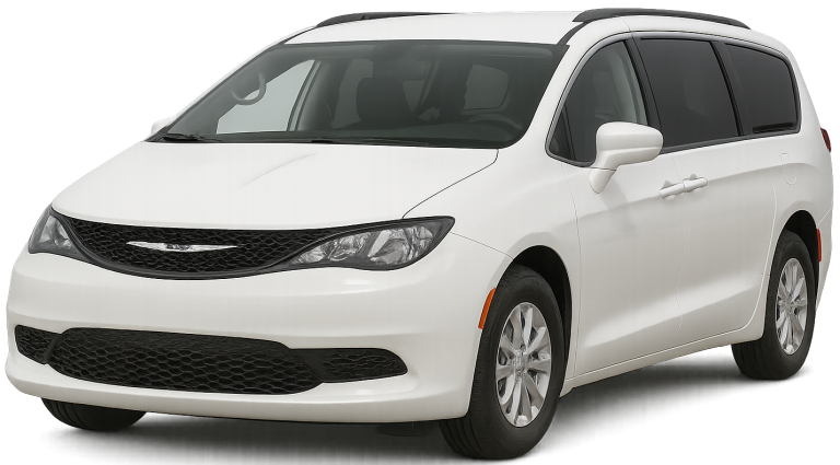Front angle view of the 2025 Chrysler Voyager FWD in Bright White with halogen headlights and Chrysler grille