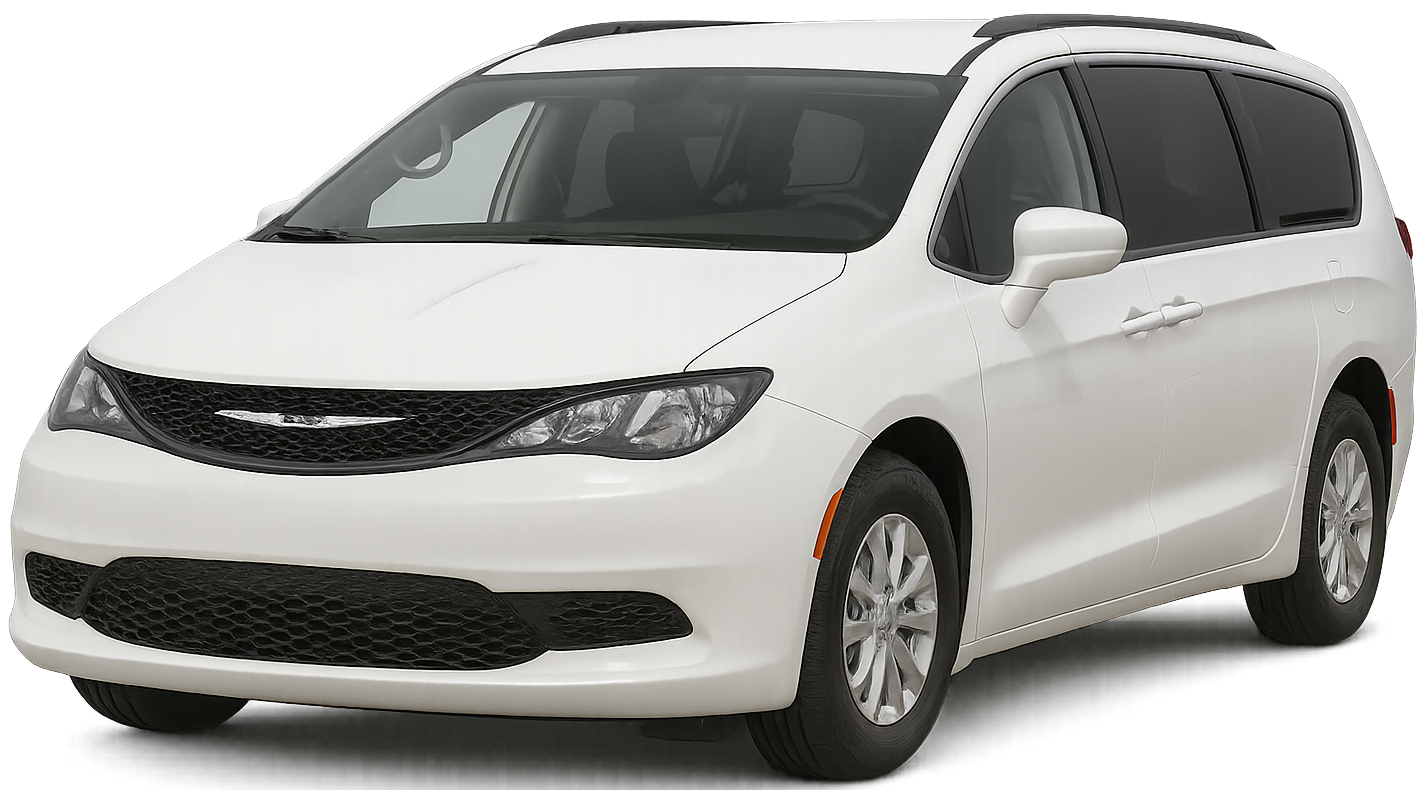 Front angle view of the 2025 Chrysler Voyager FWD in Bright White with halogen headlights and Chrysler grille