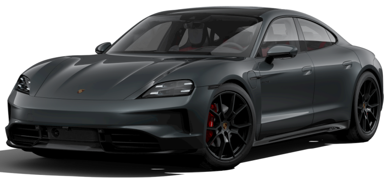 Front view of the 2025 Porsche Taycan lease, a luxury EV parked in NYC, showcasing its sleek design.