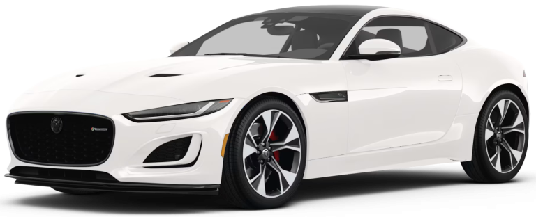 Front angle of the 2024 Jaguar F-Type R-DYNAMIC Coupe in Fuji White with gloss black grille and LED signature headlights.