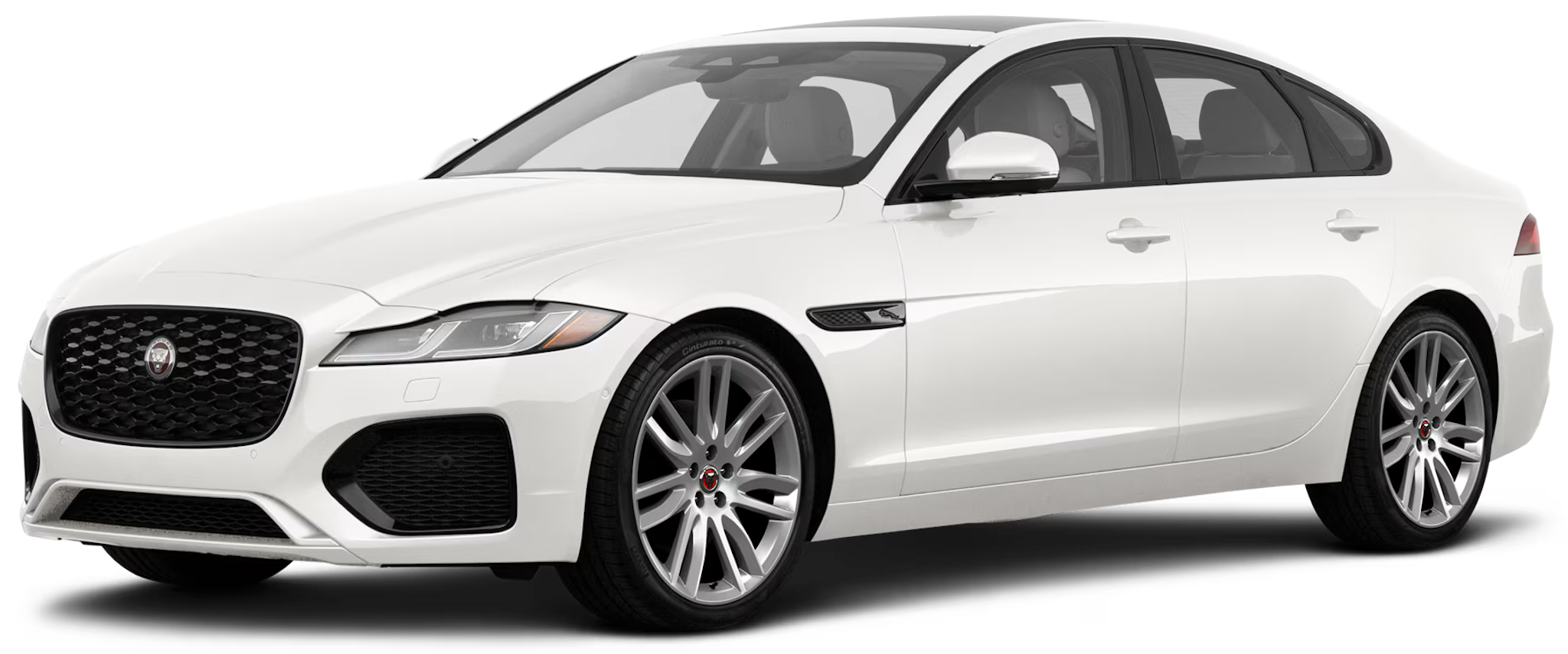 Front view of the 2024 Jaguar XF RWD R-DYNAMIC SE in Fuji White, featuring LED signature headlights and gloss black grille