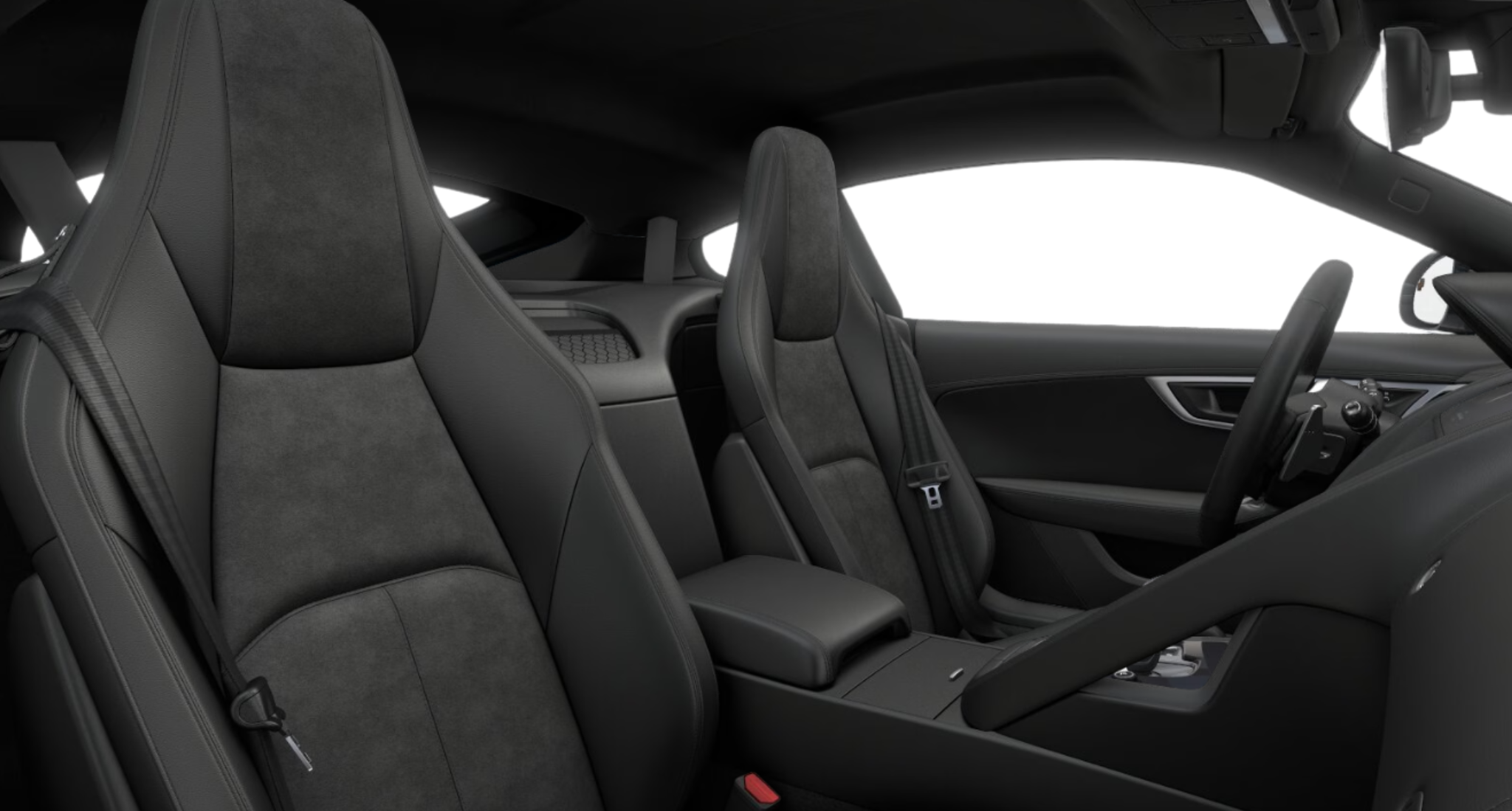 Close-up of the Ebony leather and suedecloth sport seats inside the 2025 Jaguar F-Type with Delta Aluminum console.